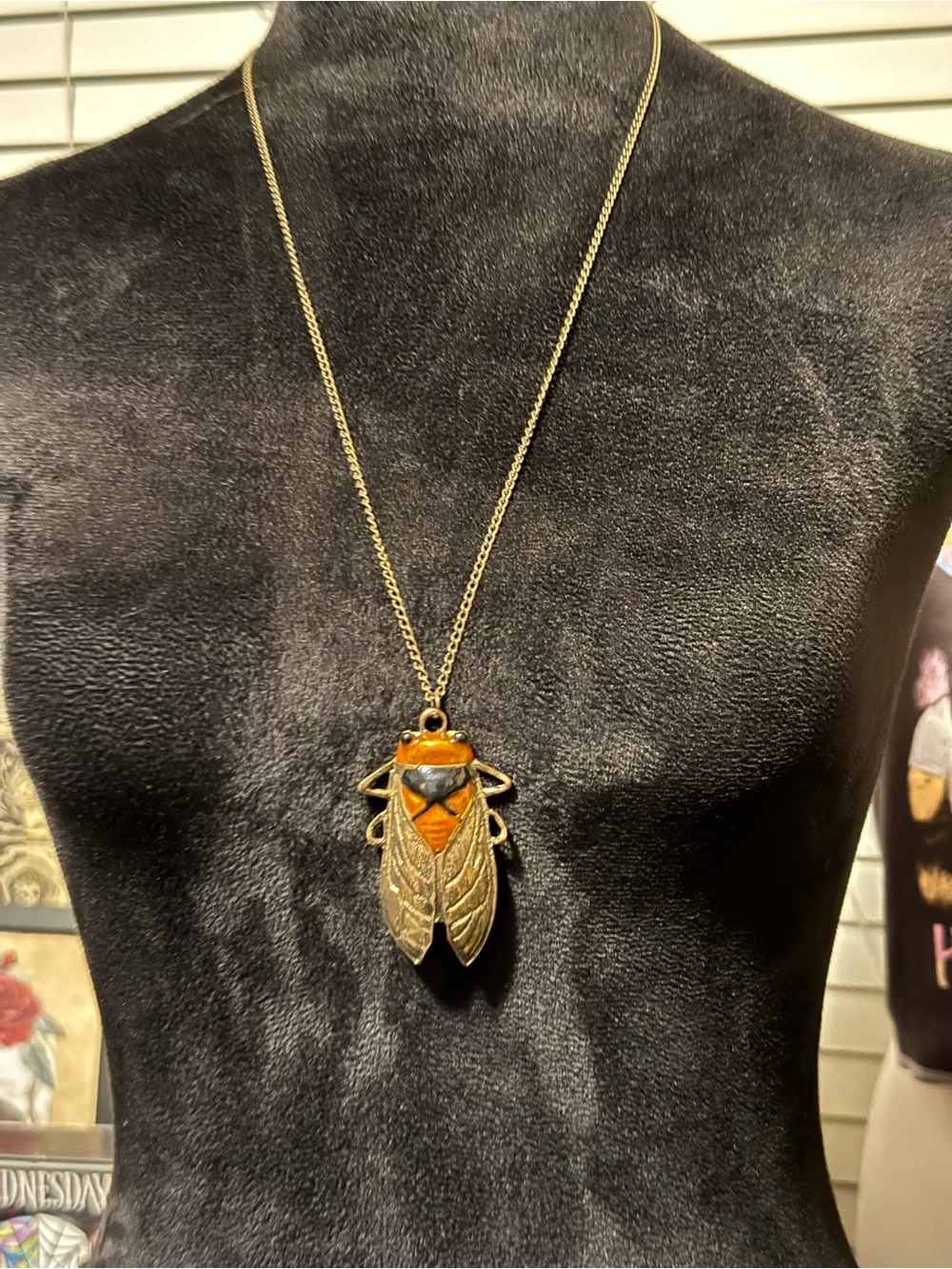 Vintage-Inspired Gold Cicada Pendant Necklace in Orange